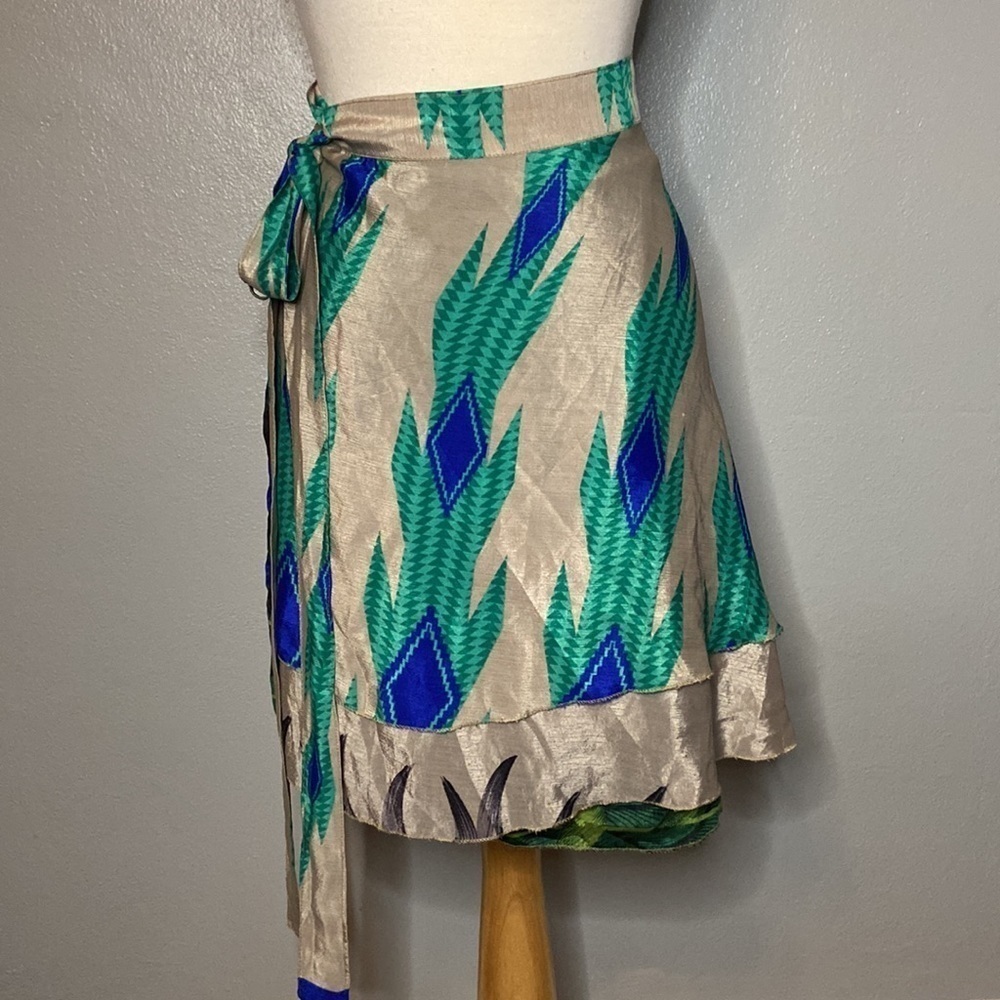Silk Darn Good Yarn Sari Wrap Skirt Blue Green Tan Mini Regular 4-12